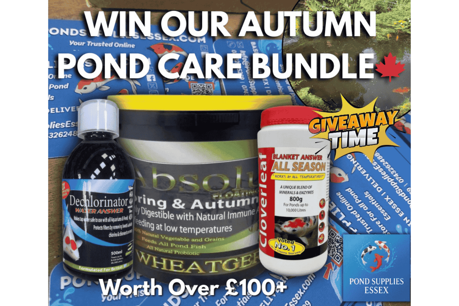 Bundle Giveaway post including blanket answer, Dechlorinator and Wheatgerm Fish food all from Pond Supplies Essex online aquatic store.
