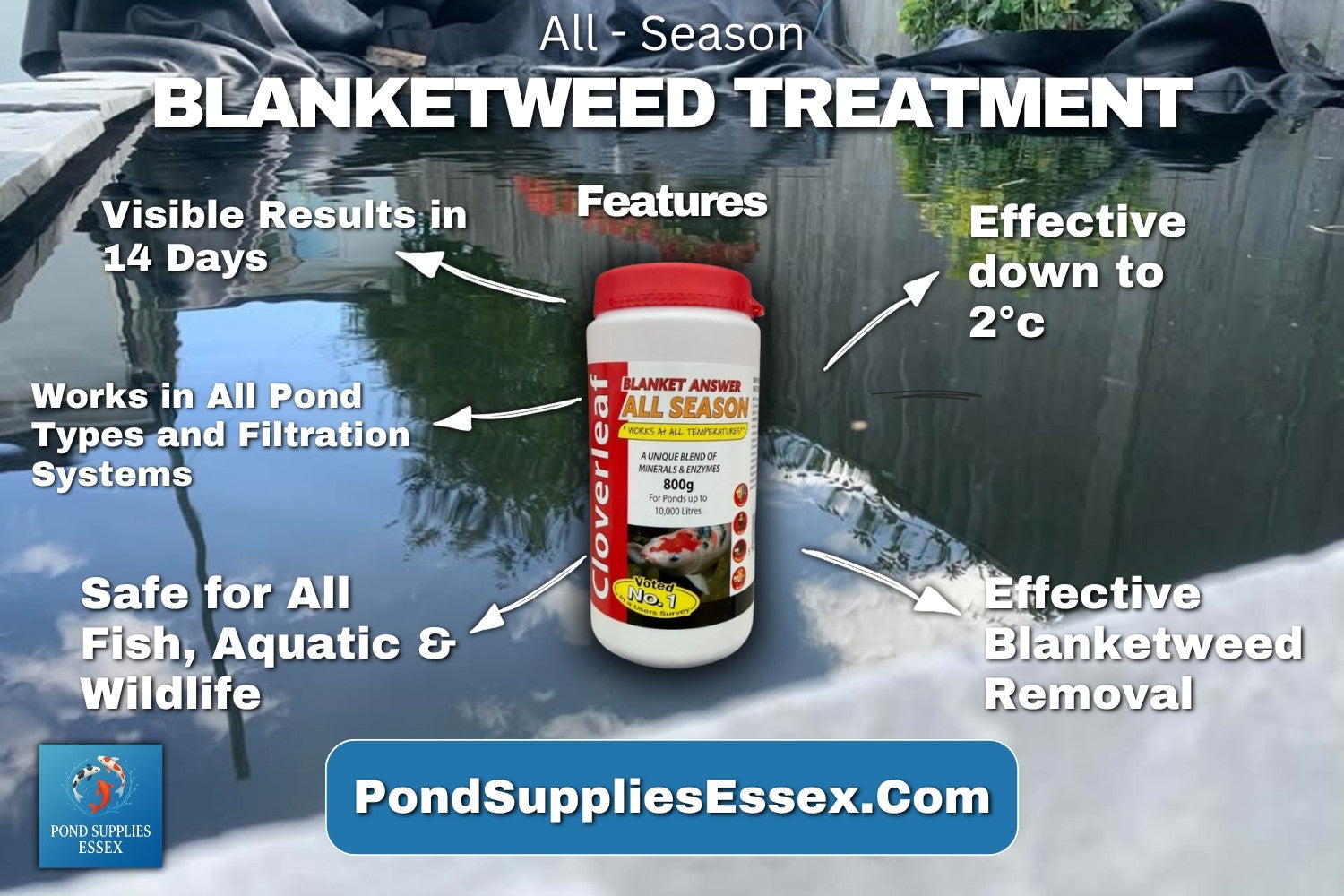 All season blanketweed treatment for effective blanketweed & algae removal down to 2°c . Suitable for colder conditions at Pond Supplies Essex Online store 