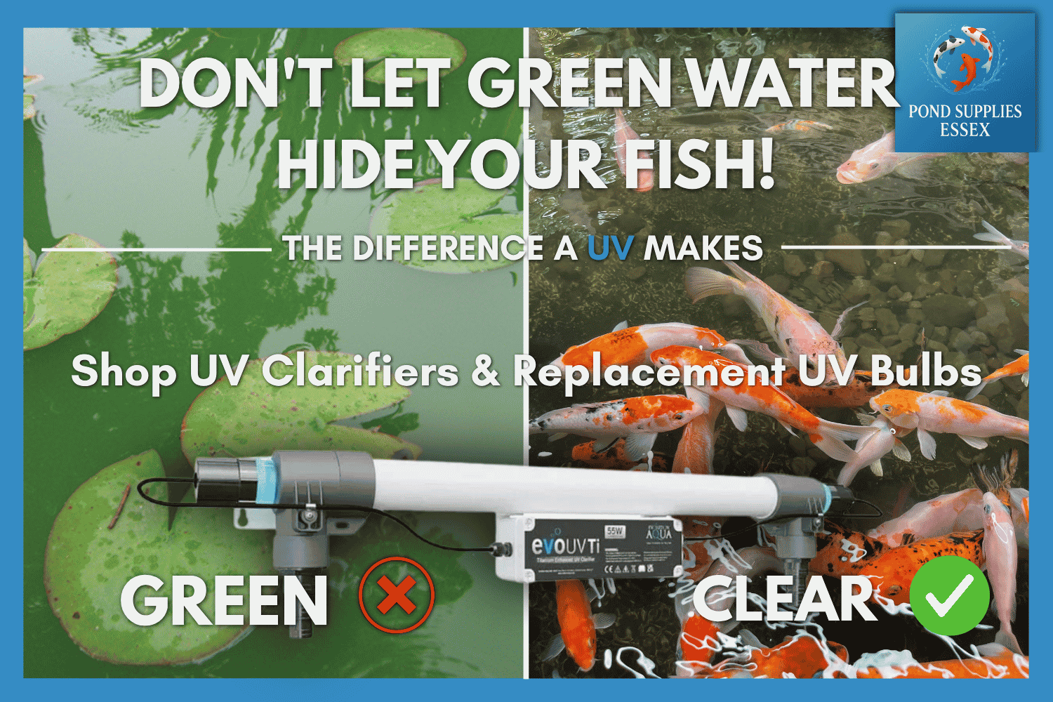 Get rid of green water tarnishing the look of your fish pond today at PondSuppliesEssex online aquatic store, green water treatments, Uv clarifiers and much more 