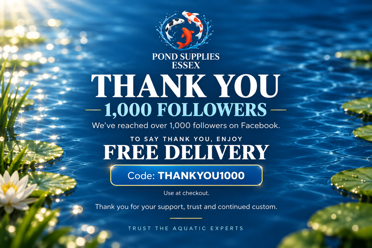 Pond Supplies Essex thank you graphic celebrating 1,000 Facebook followers with free delivery offer and discount code THANKYOU1000 for pond supplies, koi pond care and aquatic products.
