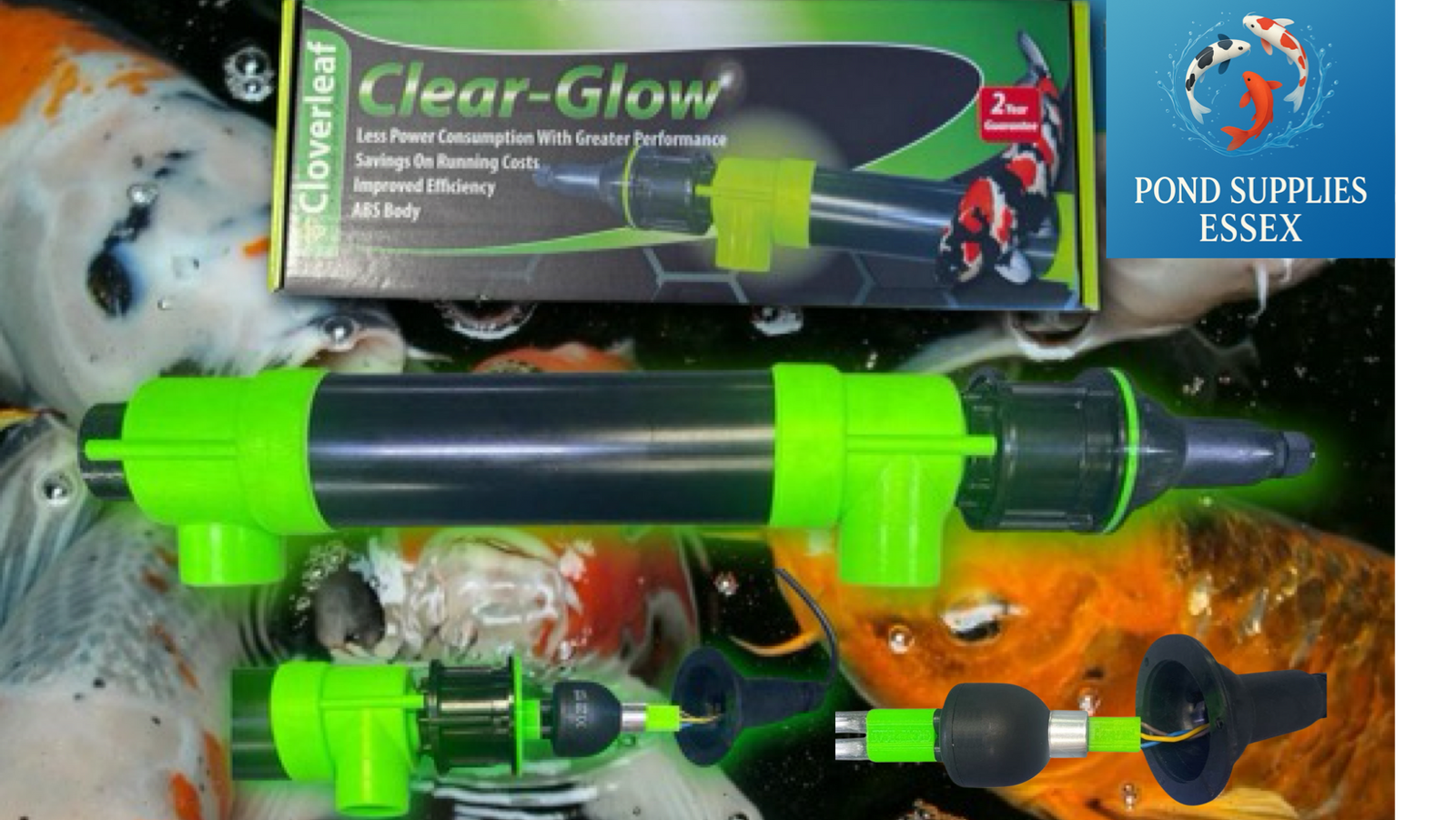 Cloverleaf Clear- Glow UV Clarifier collage photo of all different components of the UVC, including the original cloverleaf cardboard boxing next to the UVC Unit.