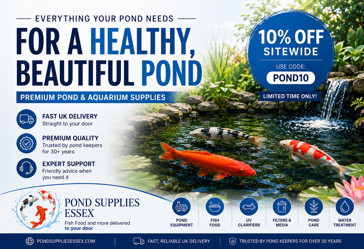 Check out Pond Supplies Essex Online Aquatic store for effective fish pond and aquarium essentials 