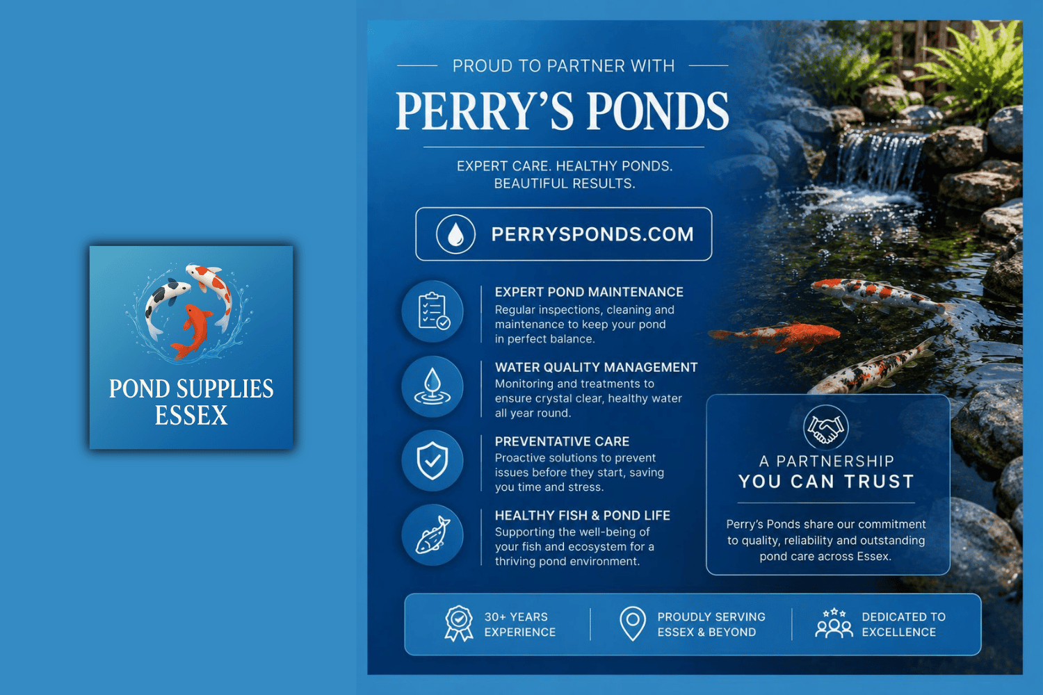 Pond maintenance partnership . Perrysponds.com and PondSuppliesEssex.com online aquatic store 