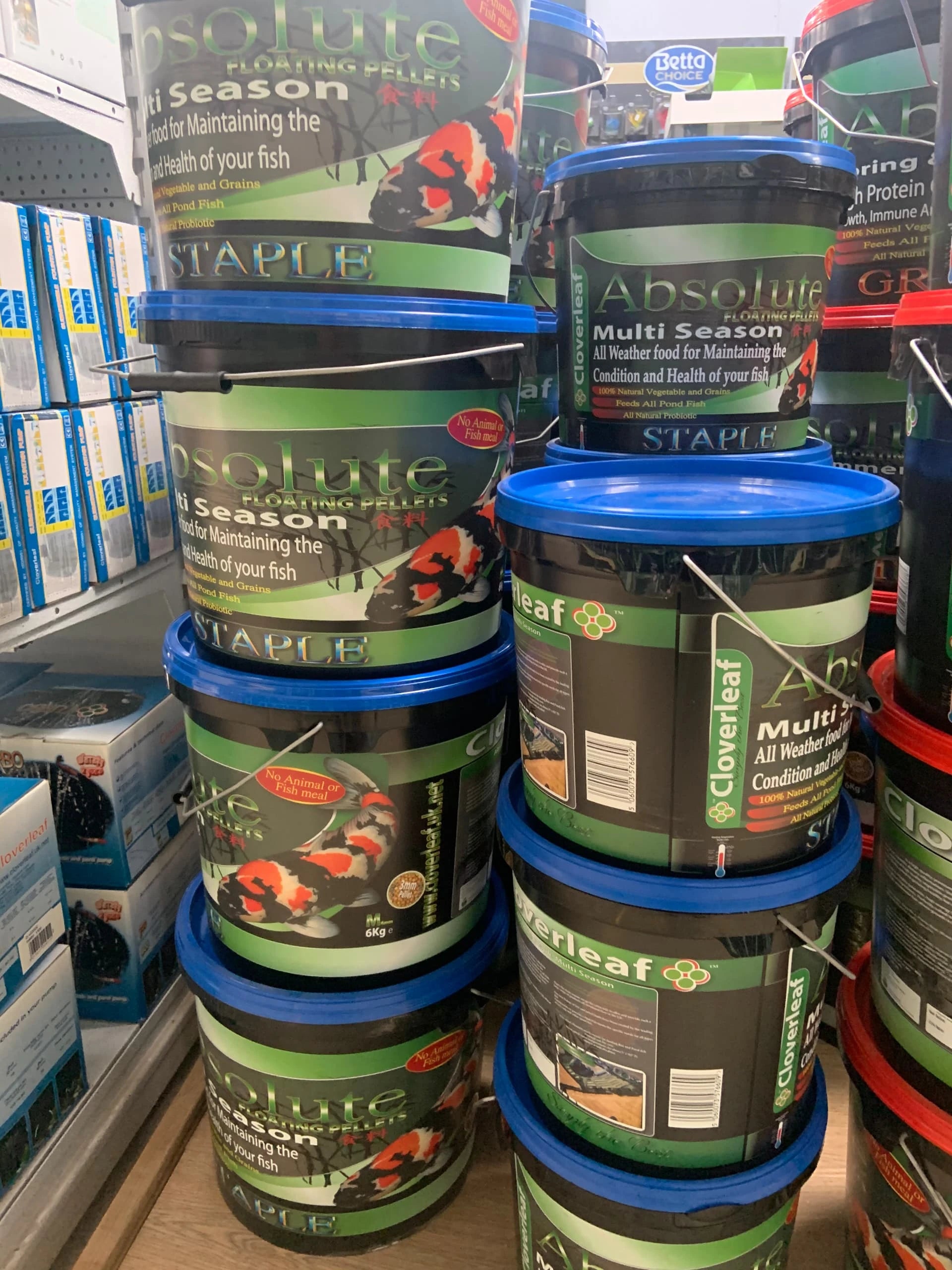 Cloverleaf Absolute pond Fish Food range . STAPLE, GROWTH, WHEATGERM, STURGEON