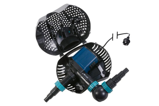 AquaForte o series plus submersible pond water pump 3500, black and aqua blue trim. Inside of it being showcased by the cover being split open.