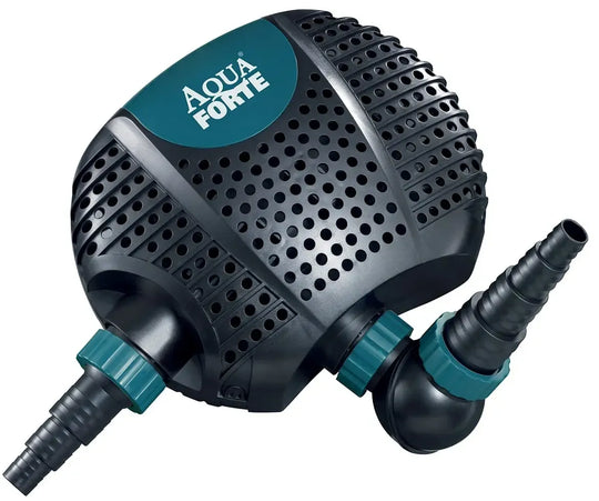AquaForte o series plus submersible pond water pump 3500, black and aqua blue trim. With two plastic hose connections. 