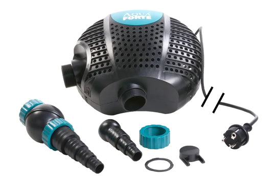 AquaForte o series plus submersible pond water pump 3500, black and aqua blue trim. Alongside connections and fittings.