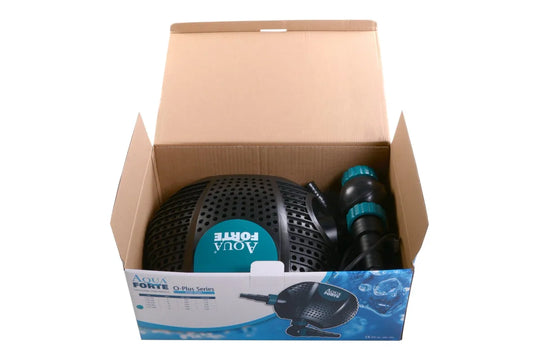 AquaForte o series plus submersible pond water pump 3500, black and aqua blue trim. Inside the original AquaForte branded cardboard box. Box staying slightly open to showcase AquaForte submersible 3500 o series pond pump.