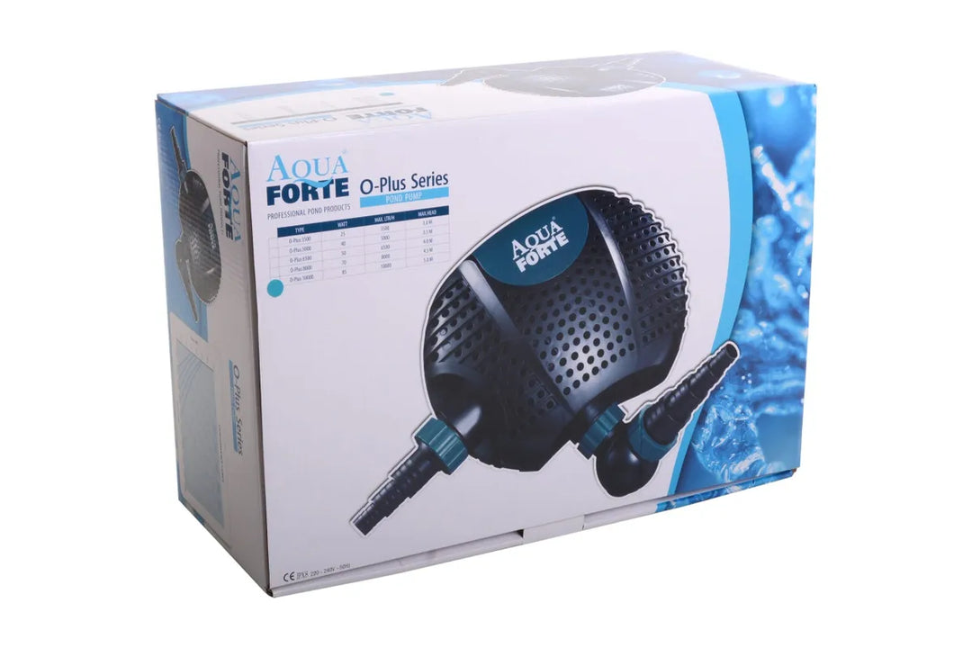 AquaForte o series plus submersible pond water pump 3500, black and aqua blue trim. Inside the original AquaForte branded cardboard box. 