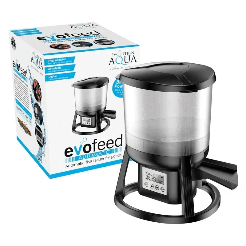 EVO-FEED AUTOMATIC FEEDER (6LTRS) beside original Evo Aqua packaging at Pond Supplies Essex