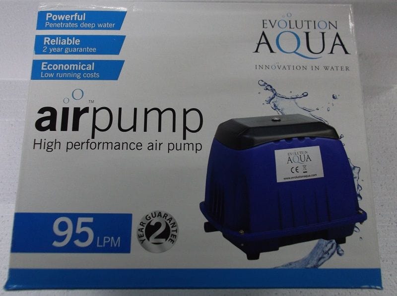 Evolution Aqua AIRTECH Aerator Pump 95Ltr inside original evolution Aqua packaging at pond supplies Essex.