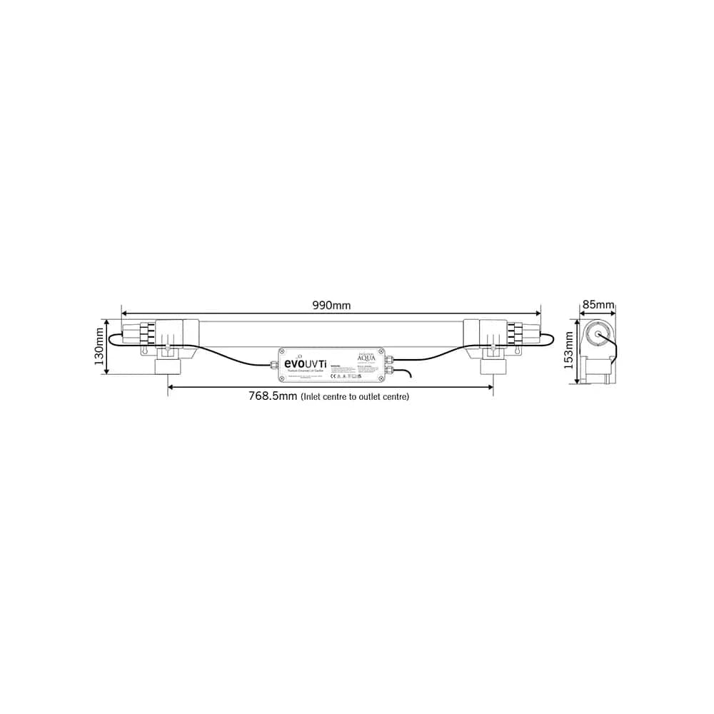 EVOLUTION AQUA TITANIUM UV CLARIFIERS 55w illustration of dimensions of the unit at Pond Supplies Essex