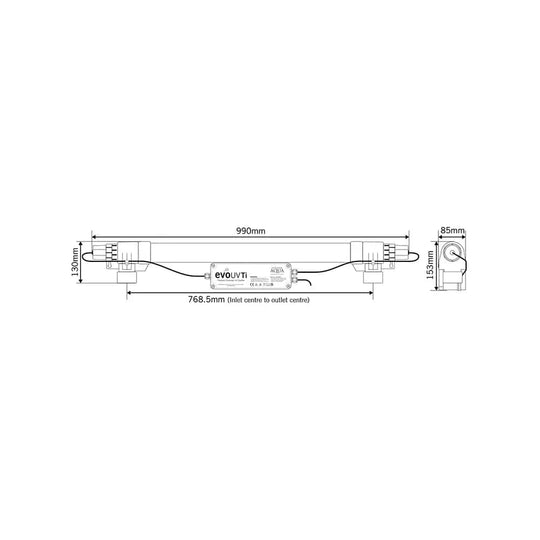 EVOLUTION AQUA TITANIUM UV CLARIFIERS 55w illustration of dimensions of the unit at Pond Supplies Essex