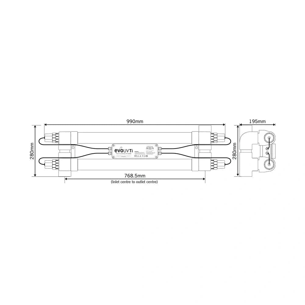 EVOLUTION AQUA TITANIUM UV CLARIFIERS 110w illustration of dimensions of the unit at Pond Supplies Essex