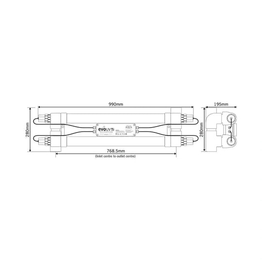 EVOLUTION AQUA TITANIUM UV CLARIFIERS 110w illustration of dimensions of the unit at Pond Supplies Essex