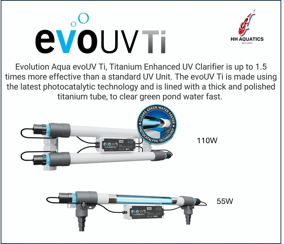 EVOLUTION AQUA TITANIUM UV CLARIFIERS 55w & 110w alongside some helpful information the the UVC’s at Pond Supplies Essex 