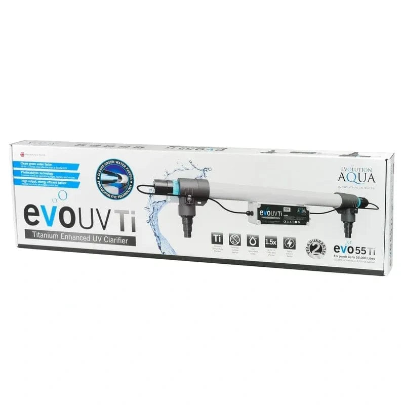 EVOLUTION AQUA TITANIUM UV CLARIFIERS 55w inside of original Evolution Aqua cardboard packaging at Pond Supplies Essex 