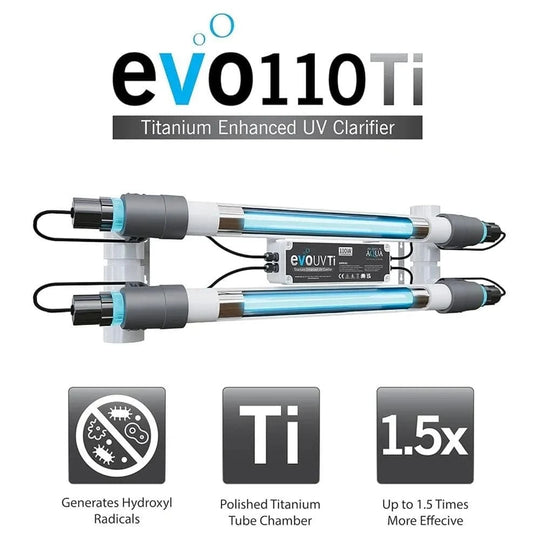 EVOLUTION AQUA TITANIUM UV CLARIFIERS 110w showcase image showing distinct new features with labels at Pond Supplies Essex