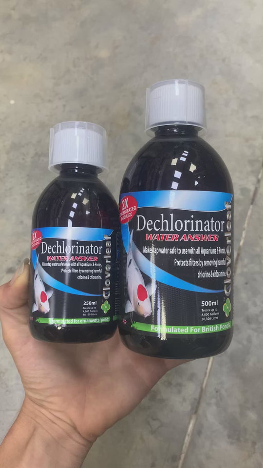 Cloverleaf 2x Concentrate Dechlorinator Answer 250ml and 500mp bottles next to eachother.