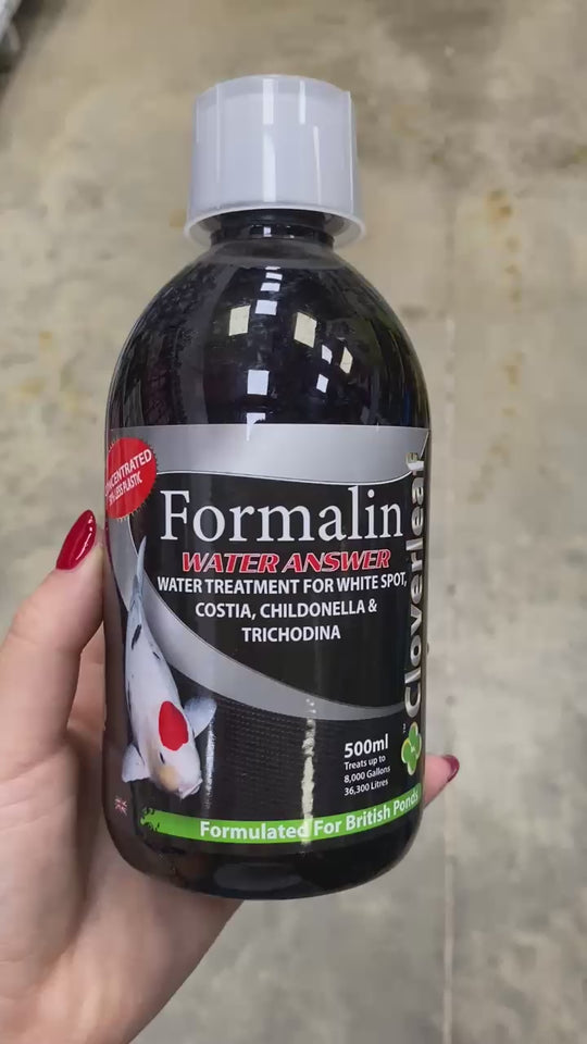 Cloverleaf’s 2x Concentrate Formalin Answer 500ml bottle being slowly rotated showcasing the Formalin Answer