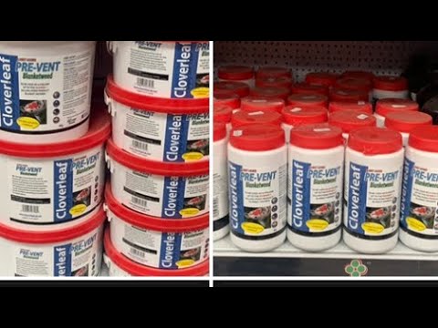 Cloverleaf Blanket Answer Pre-Vent all sizes stacked on shelves together, 800g, 2kg and 4kg tubs of Blanket Answer Pre-vent